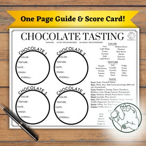Guía de degustación de chocolate y tarjeta de puntuación, kit para fiestas de chocolate, regalos de San Valentín para él o ella, juego de fiesta de chocolate familiar