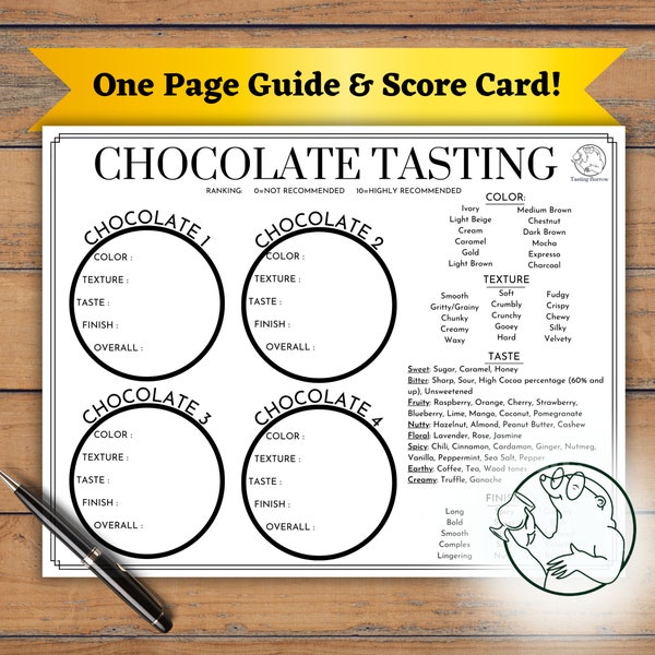 Chocolate Tasting Guide & Score Card, Chocolate Party Kit, Valentine Gifts for him or her Chocolate Lover, Family Chocolate Party Game