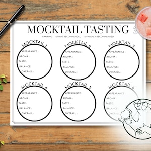 Hoja de cata de cócteles sin alcohol, Juego para fiestas de verano, Notas de cata de cócteles sin alcohol, Juego para baby shower, Juego para despedidas de soltera, Tapete de cata de cócteles sin alcohol
