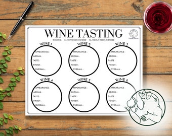 May include: A printable wine tasting sheet with six circles for rating different wines. Each circle has categories for appearance, aroma, taste, finish, and overall rating. The sheet has a black and white design with the words "Wine Tasting" at the top.