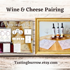 Puede incluir: Un kit de degustaci&oacute;n de vino y queso imprimible con instrucciones, una gu&iacute;a de maridaje, t&eacute;rminos de degustaci&oacute;n y tarjetas de puntuaci&oacute;n. El kit incluye etiquetas para botellas o latas de vino, tiendas de queso y una descarga digital.
