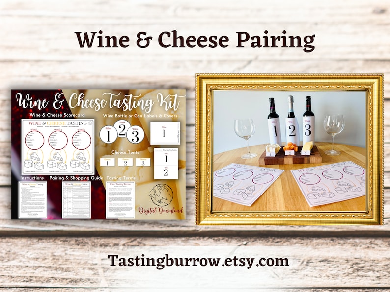 Puede incluir: Un kit de degustaci&oacute;n de vino y queso imprimible con instrucciones, una gu&iacute;a de maridaje, t&eacute;rminos de degustaci&oacute;n y tarjetas de puntuaci&oacute;n. El kit incluye etiquetas para botellas o latas de vino, tiendas de queso y una descarga digital.