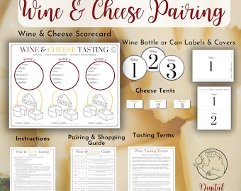 Maridaje de vinos y quesos, cata a ciegas, kit para fiestas de vino y queso, regalos para amantes del vino (para él o para ella), actividad para una cita romántica, descarga digital.