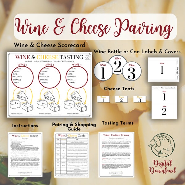 Wine and Cheese Pairing, Blind Tasting, Wine and Cheese Party Kit, Gifts for Him or Her Wine Lover, Date Night Activity, Digital Download