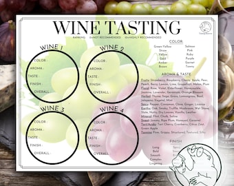 Guía y tarjeta de cata de vinos, juego de fiesta de cata de vinos, hoja de tapete de cata de vinos con puntuación, juego de fiesta para adultos Wine Flight (descarga digital)