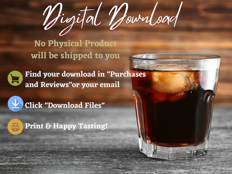 Puede incluir: Instrucciones de descarga digital con un vaso de cola con cubitos de hielo sobre una superficie de madera. El texto dice "Descarga digital", "No se enviar&aacute; ning&uacute;n producto f&iacute;sico", "Encuentra tu descarga en "Compras y rese&ntilde;as" o tu correo electr&oacute;nico", "Haz clic en "Descargar archivos"", y "&iexcl;Imprime y disfruta!"