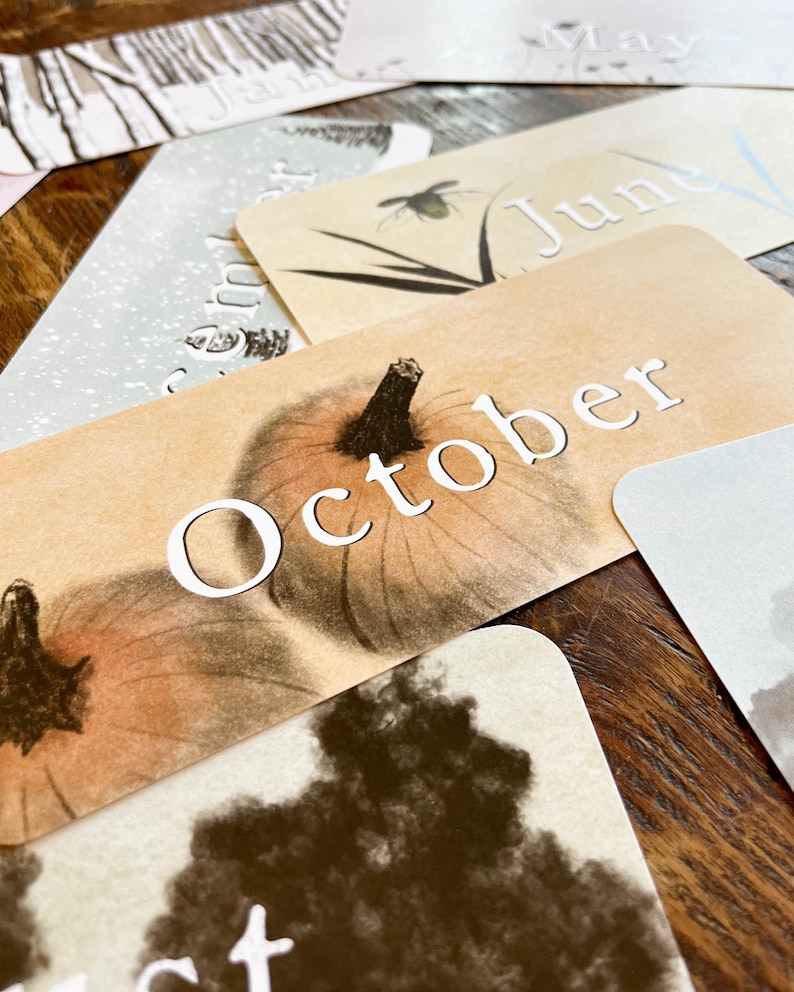May include: A set of cards featuring different months of the year with illustrations. The card shown is for October and features a watercolor illustration of pumpkins.