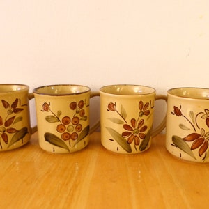 Vintage 1970s Brown Floral Ceramic Mugs | Retro Flower Power Brown Mugs with Variation Flower Design (Set of 4)