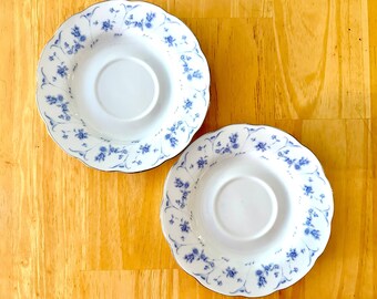 Vintage Remington Fine China By Red Sea Platinum Blue Dawn Pattern Scallop Rim Floral Saucers Small Plates | Blue Floral White Dessert Plate