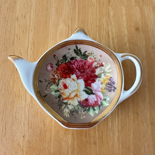 Vintage Elan Gallery Designed in England Porcelain Teabag Dish Caddy Saucer, Pink Champagne Roses Floral Teapot Shaped Dish Teabag Mini Dish