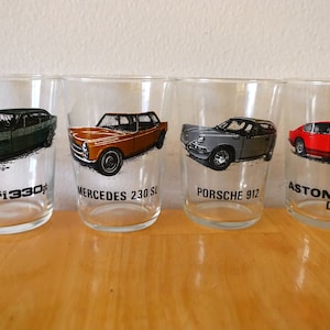 Vintage Classic Cars Drinking Glass Made in France | Ferrari 330 gt, Mercedes 230 SL, Aston Martin DB6, Porsche 912 | sports car juice glass