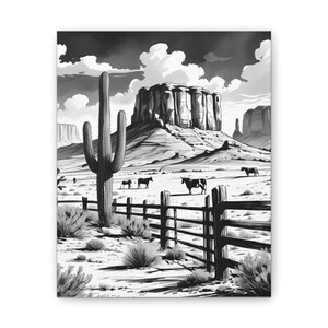 Monochrome Desert Landscape Canvas Print, Western Wall Art, Home Decor, Rustic Art, Gift for Cowgirls, Cactus Decor, Nature Lovers