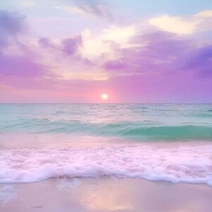 May include: A pastel pink and purple sunset over a turquoise ocean with white foamy waves crashing on a sandy beach.