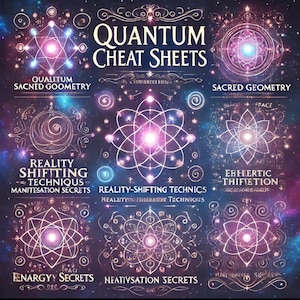 May include: A digital art print titled "Quantum Cheat Sheets" featuring geometric designs and text. The artwork showcases various shapes and patterns in shades of purple, pink, and white against a dark blue and black background. Text includes "Sacred Geometry" and "Reality Shifting Techniques."