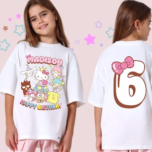 Custom Kitty Birthday Shirt, Sannrio Birthday Tee, Raglan Sleeve White T Shirt, Kitty, Cinnamon, Kurom custom tee, Family Matching T Shirt