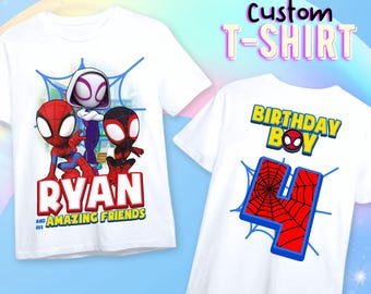 Custom Spider and Friends Birthday Shirt, Boy&#39;s Spidey Birthday Tee, Raglan Sleeve White T Shirt, Spidey custom tee, Family Matching T Shirt