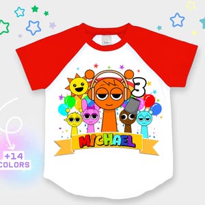 Camiseta de cumpleaños personalizada de Sprunkii: camiseta raglán para fiesta de Vineria y amigos