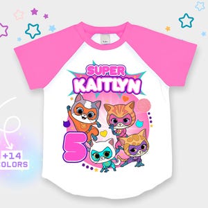 Custom Kittie Birthday Shirt, Super Kitti Birthday Tee, Raglan Sleeve White T Shirt, Super Cat custom tee, Family Matching T Shirt
