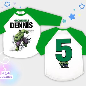 Inspiriertes Superhelden-Geburtstags-T-Shirt, Hulk-Themenparty, Raglan-T-Shirt, kurz, 3/4, lang, personalisiertes T-Shirt, Unisex-T-Shirt, alle Größen, Geschenk für Kinder