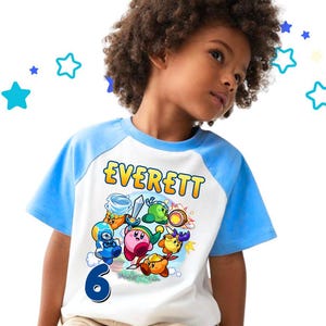 Maglietta personalizzata per il compleanno di Kirbi, maglietta per il compleanno del gioco Kirbi da bambino, maglietta bianca con maniche raglan, maglietta personalizzata Kirbi, maglietta coordinata per la famiglia