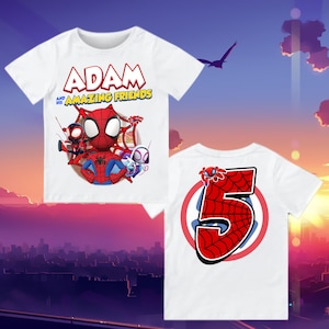 Custom Spider and Friends Birthday Shirt, Boy&#39;s Spidey Birthday Tee, Raglan Sleeve White T Shirt, Spidey custom tee, Family Matching T Shirt