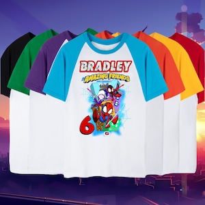 Spiderman Inspired Birthday T Shirt, Spidey & His friends theme Party, Personalized Raglan Gift Birthday Shirt Name and age Unisex