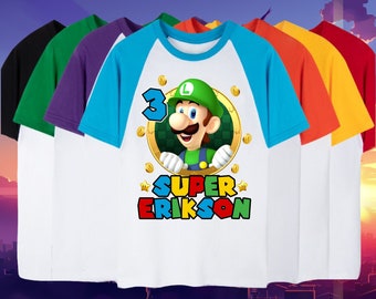 Ensemble assorti pour anniversaire de famille Luigi, anniversaire de Super Mario, raglan personnalisé pour enfants, manches 3/4, courtes - Chemise unisexe prénom et âge Luigi