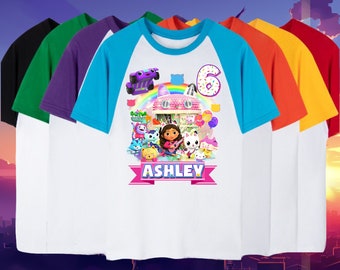 Gabby girls birthday shirt Gabby Personalized Raglan shirt Family matching short, 3/4, long sleeve Gabby cat party theme