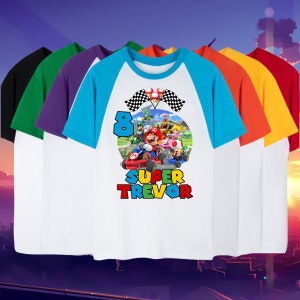 パーソナライズされたマリオカートファミリーマッチングTシャツ、男の子の誕生日、女の子の誕生日、ラグランシャツ、ファミリーシャツ、パーティーファミリーマッチングTシャツユニセックス