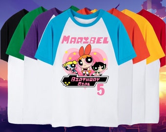 Inspired Powerpuff Girls Birthday Shirt ,Birthday Powderpuff Shirt,Raglan short, 3/4, long sleeve ,Personalized with name and age