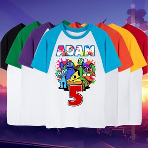 Camisa personalizada de aniversário Rainbow Friends, aniversariante, camisa raglan, camisa família, camisa raglan combinando para festa em família, camisa gamer horror
