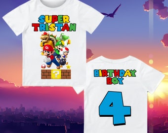 Camicia personalizzata compleanno Mario, super regalo, camicia famiglia personalizzata, camicia Mario Party, camicia regalo compleanno, nome ed età delle magliette della famiglia