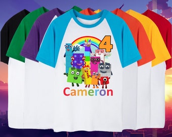 Numberblocks camiseta de cumpleaños para niños bloques de números 1-10 bloques camiseta de cumpleaños personalizada familia a juego nombre personalizado y edad cumpleaños niño niña