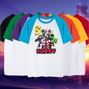 Kids Spidey Friends Inspired Birthday T Shirt, Spidey & His friends theme Party, Personalized Raglan Gift Birthday Shirt Name and age Unisex