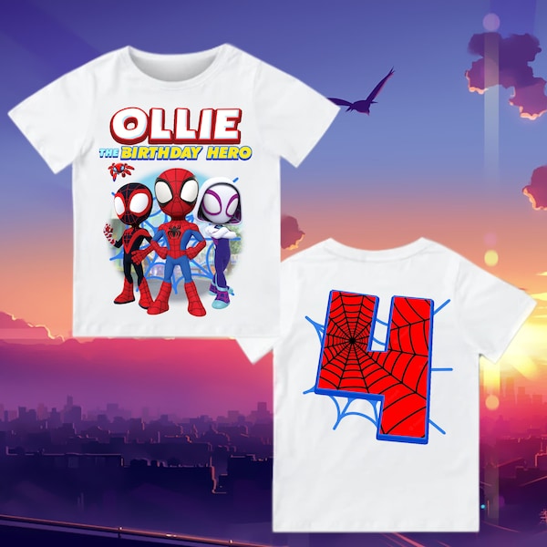 Chemise d’anniversaire Spidey et ses amis incroyables, tee-shirt d’anniversaire pour tout-petits, t-shirts personnalisés pour enfants, chemise Spidey, chemise de garçon d’anniversaire avant et arrière