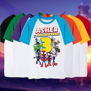 Kids Spidey Friends Inspired Birthday T Shirt, Spidey & His friends theme Party, Personalized Raglan Gift Birthday Shirt Name and age Unisex