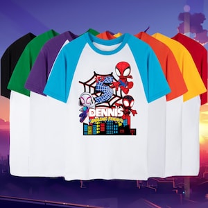 Spiderman Inspired Birthday T Shirt, Spidey & His friends theme Party, Personalized Raglan Gift Birthday Shirt Name and age Unisex