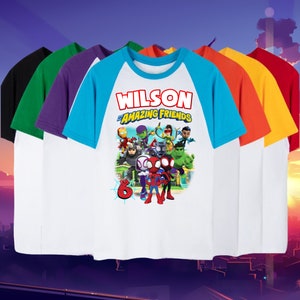 Kids Spidey Friends Inspired Birthday T Shirt, Spidey & His friends theme Party, Personalized Raglan Gift Birthday Shirt Name and age Unisex
