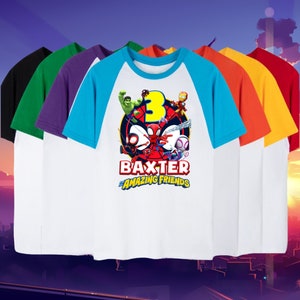 Kids Spidey Friends Inspired Birthday T Shirt, Spidey & His friends theme Party, Personalized Raglan Gift Birthday Shirt Name and age Unisex