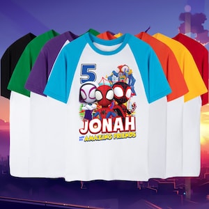 Kids Spiderman Friends Birthday T Shirt, Spidey & His friends theme Party, Personalized Raglan Gift Birthday Shirt Name age gift shirt new