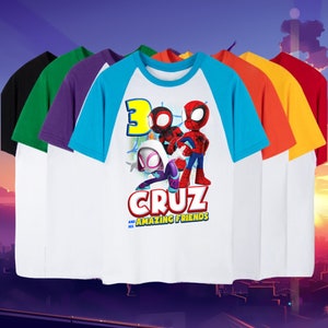 Spider man kids birthday Spidey Friends Raglan White tee shirt - His amazing friends birthday boy shirt Custom spidey theme shirt hero