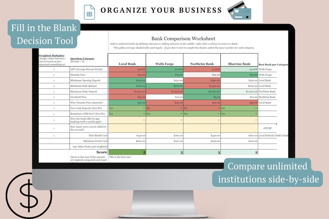Bank Comparison Worksheet Spreadsheet | Compare Rates | Side by Side ...