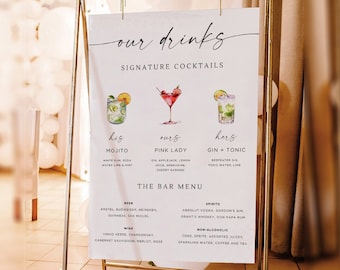 Signature Cocktail Sign His Hers Ours, Wedding Bar Menu Sign, Signature Cocktail Sign, His Hers Drink Sign, Canva, Editable, 150+ Drinks