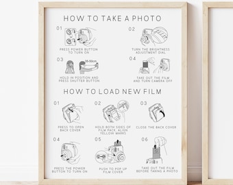 Placa de instruções para fotos Instax Mini 9, como carregar um novo filme, instruções para a câmera, placa de livro de visitas com fotos, placa de fotos de recepção, carregar um novo filme