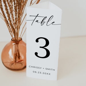 Número de mesa triple de boda minimalista, números de mesa de boda, tarjeta de agradecimiento de mesa triple, soporte de mesa triangular, editable, Canva