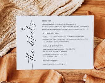 Modèle de cartes de détails de mariage, faire-part de mariage minimaliste moderne, site Web de mariage, carte de visite, hébergement, toile modifiable