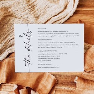 Modelo de cartões de detalhes de casamento, inserção de convite de casamento minimalista moderno, site de casamento, cartão de cerco, acomodação, canva editável