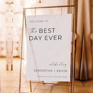 Wedding Welcome Sign Template, Modern Minimalist Best Day Ever, Reception Entrance Decor, DIY Printable, Editable Poster, Download, Canva