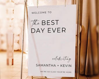 Wedding Welcome Sign Template, Modern Minimalist Best Day Ever, Reception Entrance Decor, DIY Printable, Editable Poster, Download, Canva
