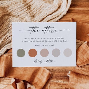 Modello di biglietto per abito da sposa, biglietto con codice di abbigliamento per invitati al matrimonio, biglietto con codice di abbigliamento, tavolozza di colori per matrimonio, modello modificabile, Canva